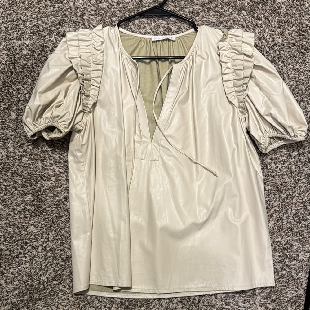 Karlie Cream Blouse with Ruched Ruffled Tie Front